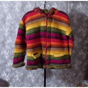 Vintage Multicolor Stripe Hooded Cardigan Size Large Colorful Chunky Knit Boho